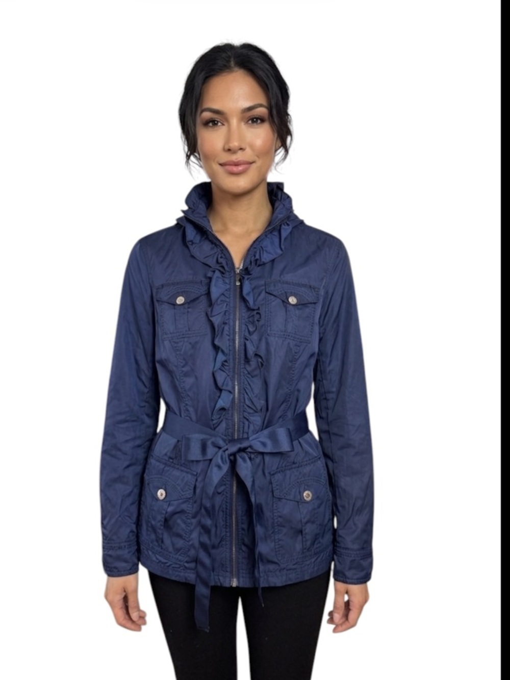 White House Black Market Ruffle Utility Jacket Navy Medium Belted